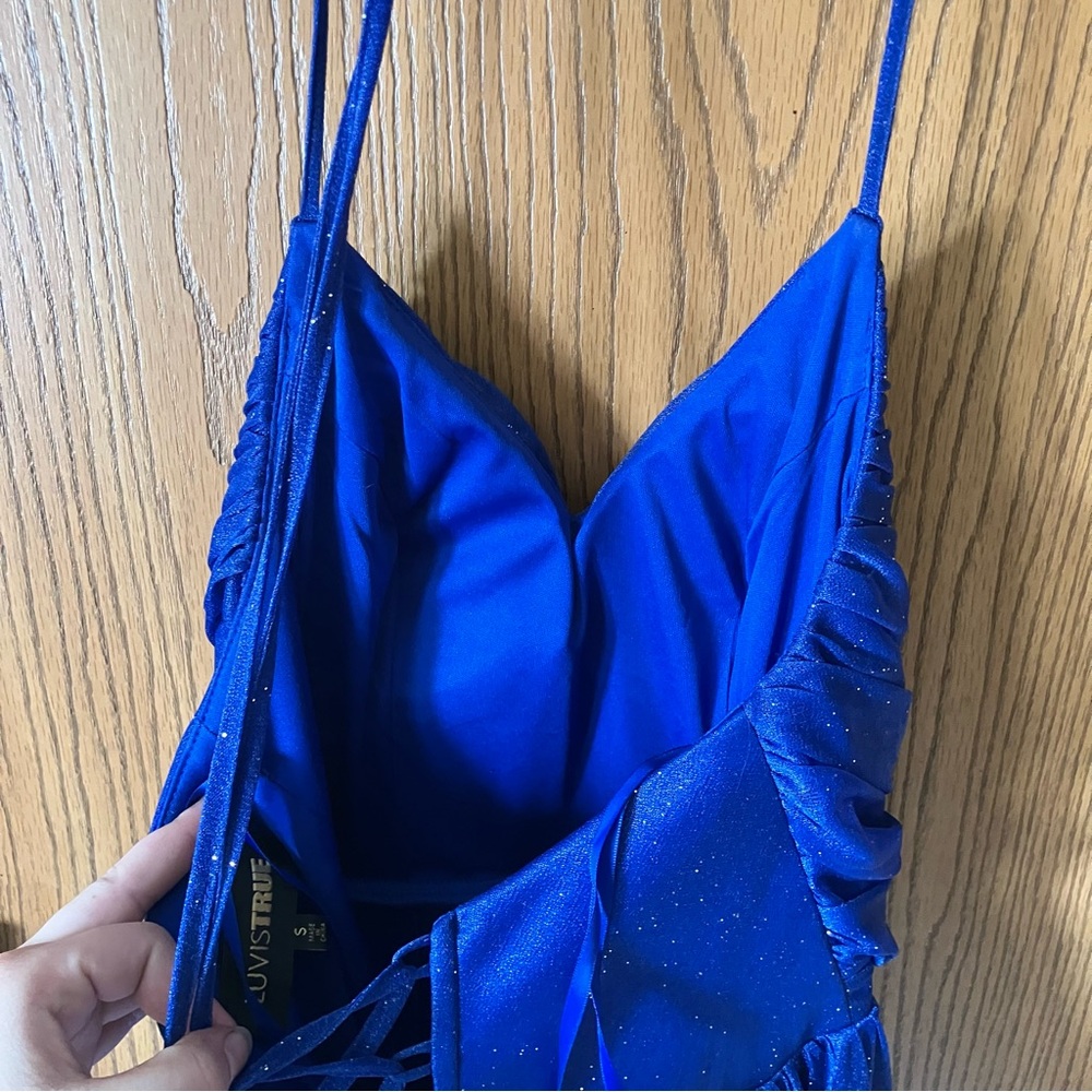 Royal Blue Spaghetti Strap Formal Floor Length Slit Corset Back Dress - Picture 5 of 8